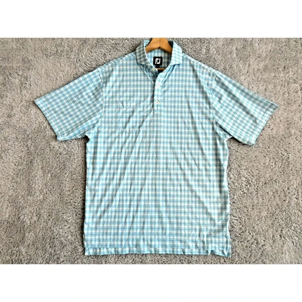 FootJoy FJ‎ Lightweight Golf Polo Shirt Mens M Blue White Plaid No Course Logo